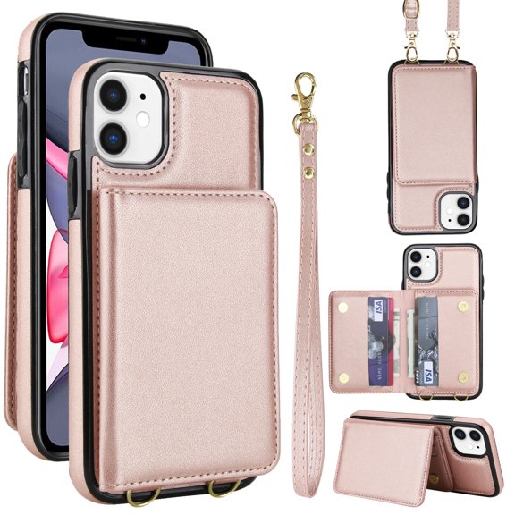 For iPhone 12 Mini Phone Case Wallet Card Holder,RFID Blocking PU Leather Back Magnetic Flip Kickstand Folio Case Wrist Lanyard & Crossbody Strap Protective Women Girls Cover,Rosegold