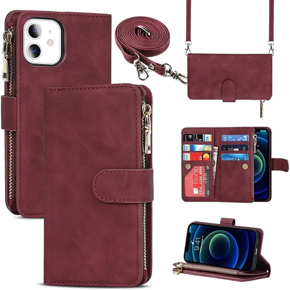 iPhone 12 Mini Phone Case Wallet for Women with Credit Card Holder,iPhone 12 Mini Crossbody Case with Strap Shoulder Lanyard, Zipper Pocket PU Leather Cases for iPhone 12 Mini,5.4" Burgundy