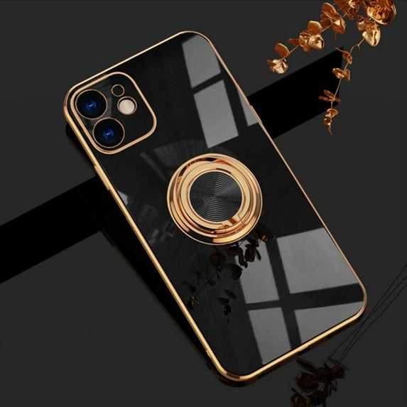 for iPhone 12 Mini Ring Holder Case 360 Degree Rotation Kickstand Girly Case Shiny Glitter Plating Rose Gold Edge Work with Magnetic Car Mount Slim Soft Tup Case for Women Girls Black