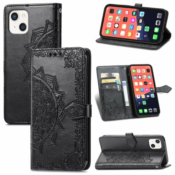 iPhone 12 Mini Wallet Case 5.4", Mandala Premium PU Leather Flip Stand Protective Cover with Card Slots Secure Magnetic, Black