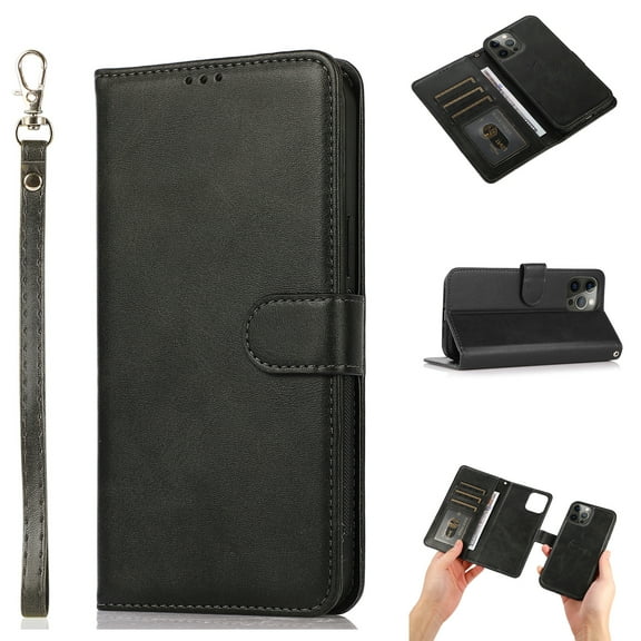 iPhone 12 Mini Wallet Case, 5.4 inch PU Leather Case with Card Slots, 2 in 1 Premium Magnetic Detachable Hand Strap Folio Book Style Stand Protective Case[Support Magnetic Car Mount], Black