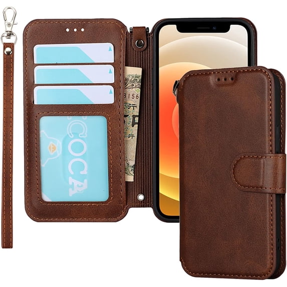 for iPhone 12 Mini Wallet Case with Card Holder Slots,Kickstand Phone Cover Premium Leather Magnetic Closure Slim Flip Shockproof Wrist Strap Case for iPhone 12 Mini 5.4",Brown