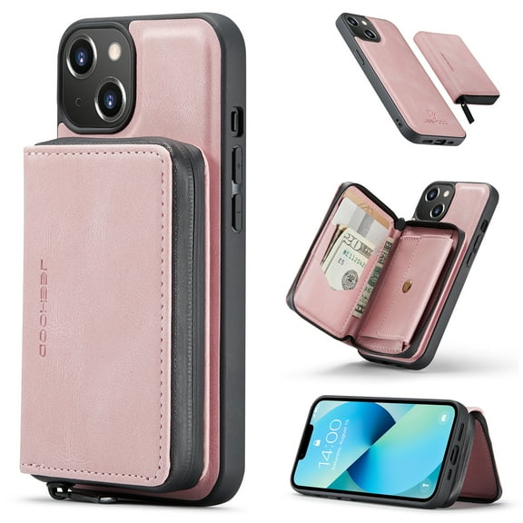 for iPhone 12 Mini Wallet Case, Minimalist Luxury PU Leather Magnetic Detachable Credit Card Holder, 2 in 1 Zipper ID Cash Slot, Magnetic Closure Kickstand Folio Flip Slim Cover,Pink