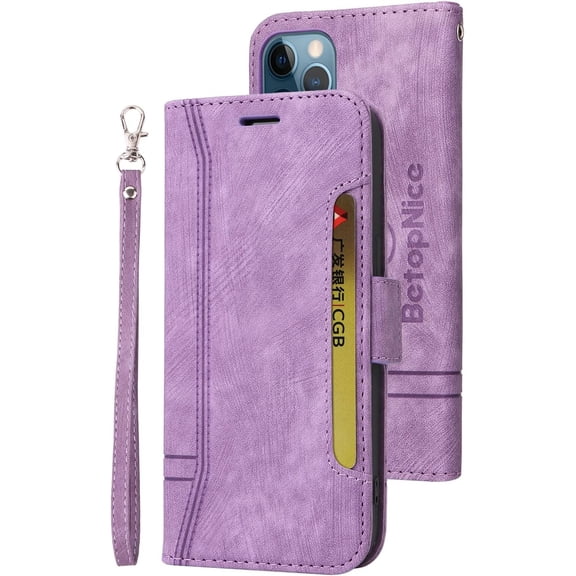 iPhone 12 Mini Wallet Case,PU Leather Folio Kickstand Card Slots Cover for iPhone 12 Mini,Book Folding Flip Case with Detachable Wrist Strap,Protective Cover for iPhone 12 Mini,Purple