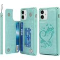 thumbnail image 1 of for iPhone 12 Mini Wallet Case with RFID Blocking Card Holder for Girls Women,Premium PU Leather Magnetic Buttons Stand Flip Wrist Strap Case for iPhone 12 Mini 5.4 Inch,Heart Green, 1 of 8