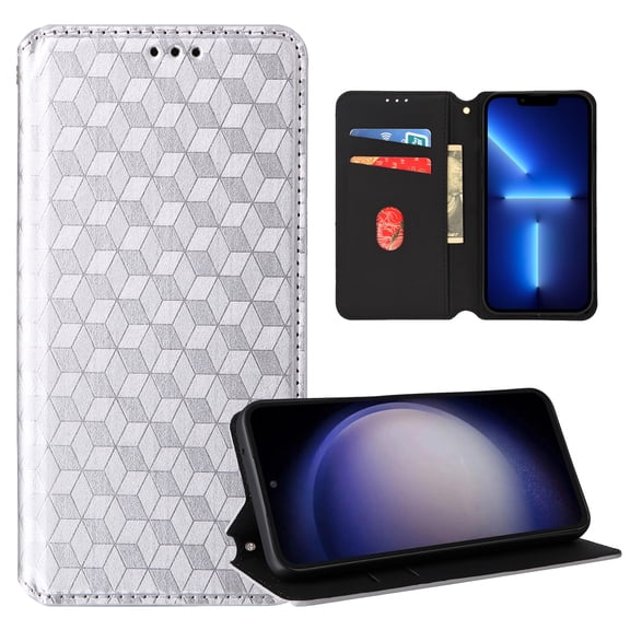 For iPhone 12 Mini Wallet Case with RFID Blocking ID Credit Card Holder, Luxury Diamond Patterned Shiny PU Leather Magnetic Folio Book Flip Kickstand Shockproof Phone Case, Silver