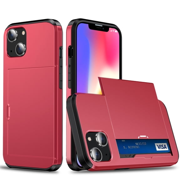 for iPhone 12 Mini Wallet Case with Sliding Door Hidden Pocket Credit Card Holder Dual Layer Heavy Duty Shockproof Hard PC Hybrid TPU Phone Flip Protective Cover for iPhone 12 Mini, Red