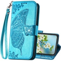 for iPhone 12 Mini Wallet Case,Women Flip Folio Cover Butterfly Embossed PU Leather Kickstand Card Holder Slots Wrist Strap Purse Phone Case for iPhone 12 Mini,5.4 inch (Blue)