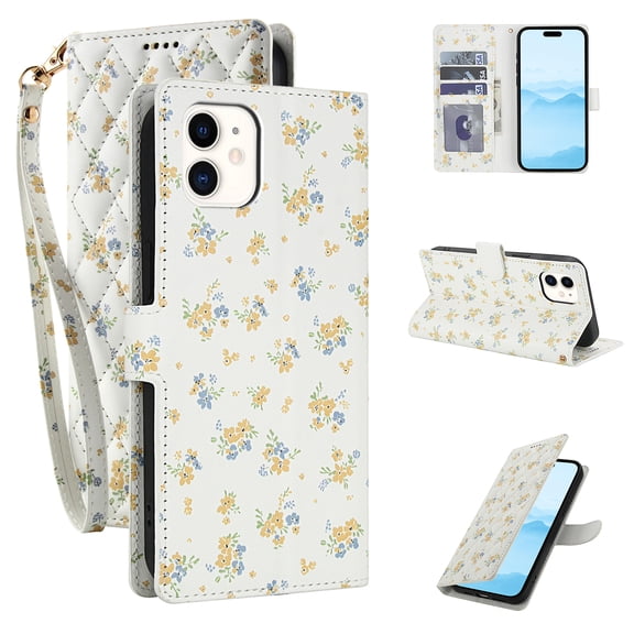 for iPhone 12 Mini Wallet Case Women Girls, Cute Floral Pattern PU Leather Flip Phone Cover with Card Holder, Kickstand, Wrist Strap, Protective Purse Case for iPhone 12 Mini, Pattern-D