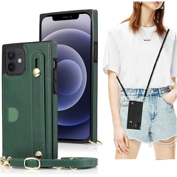 for iPhone 12 Mini Wallet Case for Women,Removable Adjustable Strap Crossbody Card Holders Cover Neck Strap Lanyard Purse Shoulder Strap w/Kickstand Purse Case for iPhone 12 Mini KB Green
