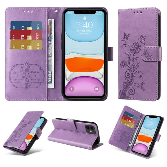 for iPhone 12 Mini Wallet Phone Case,Women Flip Folio Cover with Credit Card Holders Emboss Butterfly & Flower PU Leather Purse Kickstand Case With Wrist Strap for iPhone 12 Mini,Purple