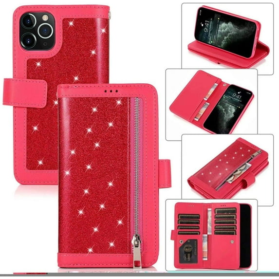 for iPhone 12 Mini Women Girls Glitter Zipper Wallet Case Luxury Bling with 9 Card Holder Wrist Strap Rugged Durable PU Leather Card Slots Protective Cover Case for iPhone 12 Mini 5.4" Black