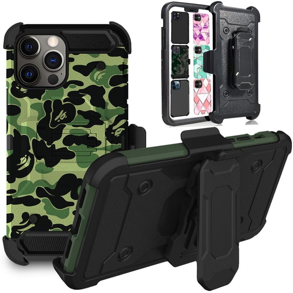 iPhone 12 iPhone 12 PRO 6.1" 2020 A2172 A2402 A2341 A2406 A2404 A2403 A2408 A2407 Heavy Duty Military Print Belt Clip Rugged Cover - Military Moss(with Holster)