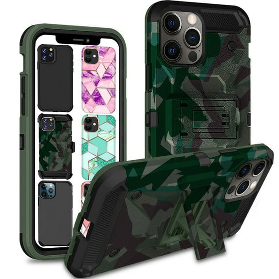 iPhone 12 PRO Max 2020 6.7 Inch A2342 A2410 A2412 A2411 Durable Classic Printed Case with 360° Rotatable Belt Clip with Kick Stand - Military Green(with Holster)