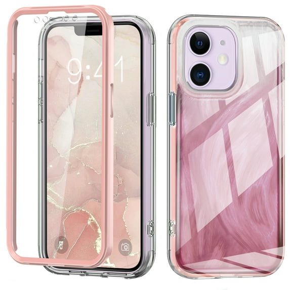 iPhone 12 Pro / 12 6.1" Case with Screen Protector, Gradient Color Feather Pattern Full Body Shockproof Protective Anti-Scratch Drop Proof Slim Fit Phone Case for Apple iPhone 12 Pro / 12 6.1", Pink