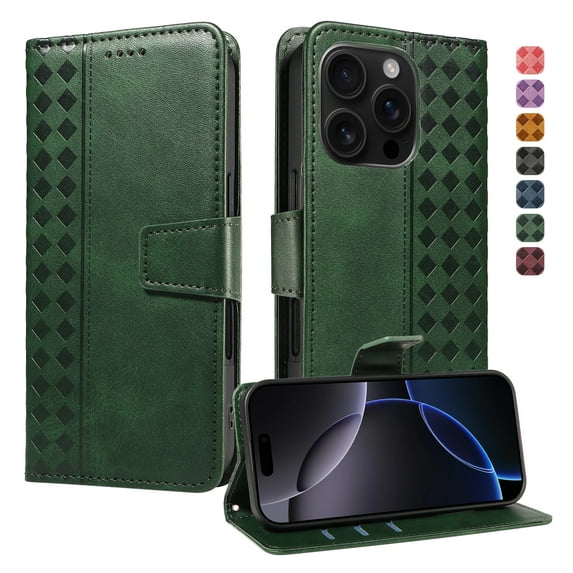 for iPhone 12 Pro / 12 6.1" Flip Case with Cash Slot Credit Card Slots Kickstand PU Leather Shockproof Lightweight Full Body Protective Magentic Clasp Rugged Case Cover with Wrist Strap, Darkgreen