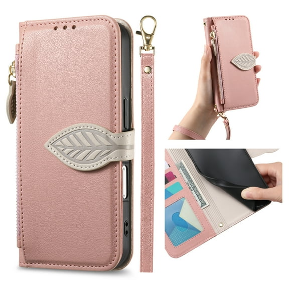 For iPhone 12 Pro / 12 6.1" Flip Wallet Phone Case,With Shoulder Strap&Wrist Strap,Flip Fold Kickstand,With Card Slots,Zipper Pocket,Leaf Magnetic Closure,Shockproof Anti-fall Phone Case,Rosegold