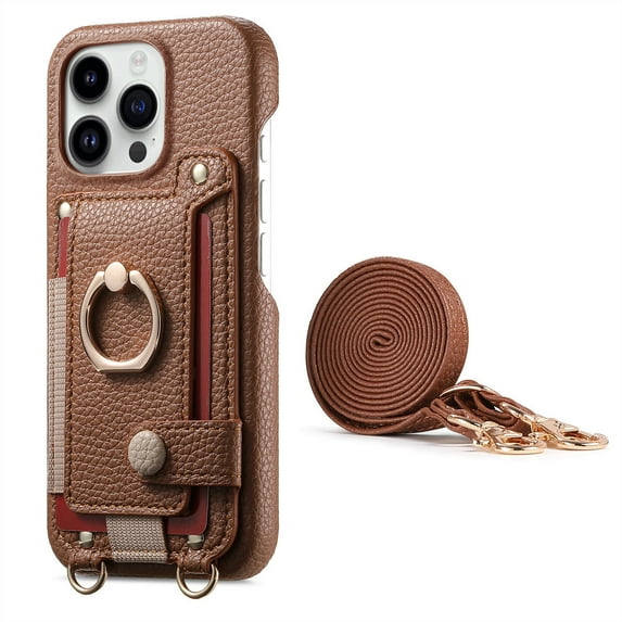 For iPhone 12 Pro / 12 6.1" Phone Case,With 360° Rotatable Ring Kickstand,Detachable Long Shoulder Strap,Card Slots,Shockproof Anti-fall PU Leather Anti-Scratch Back,Durable Wallet Phone Case,Brown