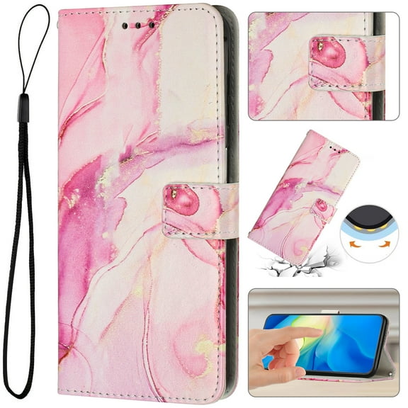 for iPhone 12 Pro / 12 6.1" Wallet Case with Card Holder,Women Men RFID Blocking PU Leather Flip Cover Wrist Strap Magnetic Closure Credit Card Slots Marble Patterned Book Style Phone Case,Rosegold