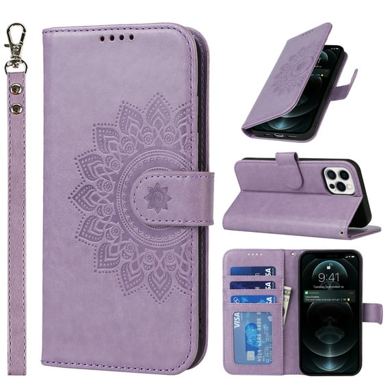 for iPhone 12 Pro / 12 6.1" Wallet Case, with Hand Strap Embossed Mandala Pattern Flower Premium PU Leather Protective Full Flip Phone Case Cover for iPhone 12 Pro / 12 6.1",Purple