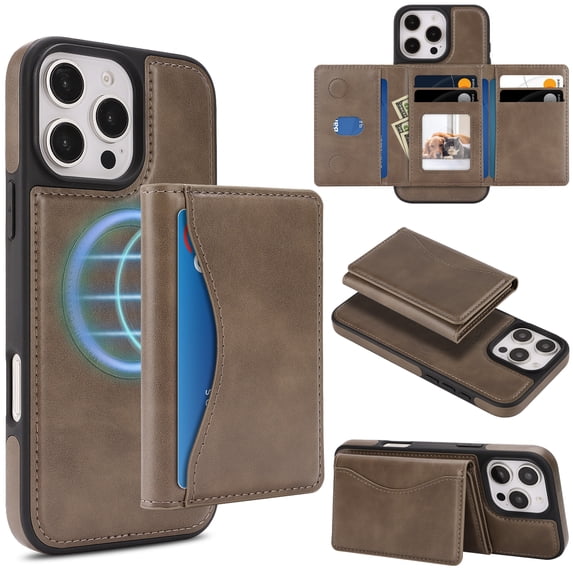 for iPhone 12 Pro / 12 6.1" Wallet Case, Magnetic Phone Cover with Detachable Card Holder, RFID Blocking 2-in-1 Purse Shockproof PU Leather Case with Flip Kickstand, Coffee