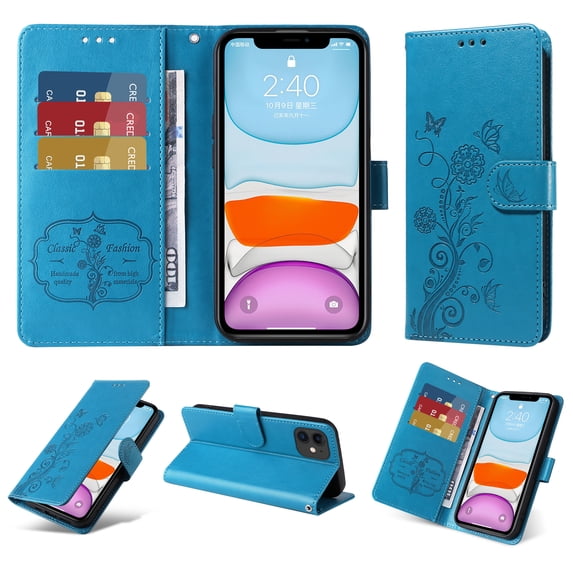 for iPhone 12 Pro / 12 6.1" Wallet Phone Case,Women Flip Folio Cover with Credit Card Holders Emboss Butterfly & Flower PU Leather Purse Kickstand Case With Wrist Strap,Blue