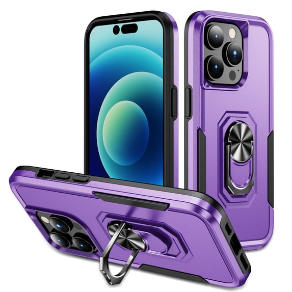 for iPhone 12 Pro / 12 Case, Slim Fit Military Grade Drop Tested Dual Layer Shockproof Case with 360 Ring Holder Kickstand Protective Rugged Car Magnetic Non-Slip Phone Case,Purple+Black