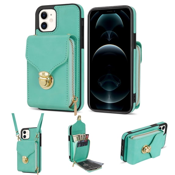 iPhone 12 Pro / 12 Luxury Leather Case with Card Holder for Women Phone Case Wallet with Strap Credit Card Slots Crossbody Strap with Kickstand Zipper Shockproof Case For iPhone 12 Pro / 12,Mint