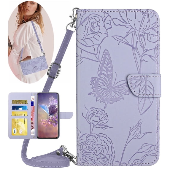 for iPhone 12 Pro / 12 Phone Case Wallet,Crossbody Strap Women Flip Folio Cover with Card Holders Butterfly Embossed Premium PU Leather Kickstand Wrist Strap Magnetic Closure Case,Lightpurple