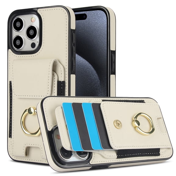 For iPhone 12 Pro/12 Wallet Case with Card Holder, 360Rotation Ring Holder Kickstand, 4 Card Slots PU Leather Case, RFID Blocking Magnetic Clasp Protective Cover,Apricot