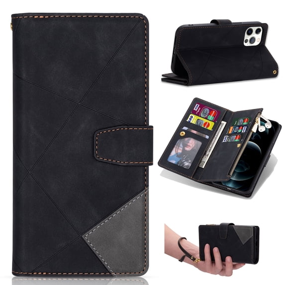 for iPhone 12 Pro/12 Wallet Case, with Card Slot Premium Soft PU Leather Zipper Flip Folio Wallet with Wrist Strap Kickstand Protective for iPhone 12 Pro/12 Wallet Case Cover, Black