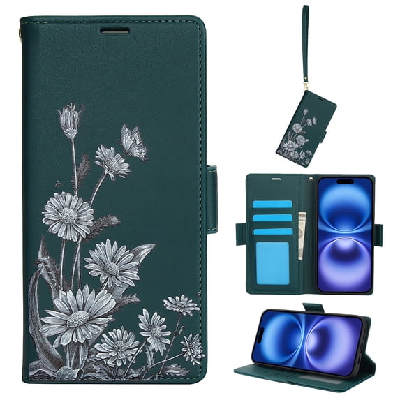 for iPhone 12 Pro / 12 Wallet Case, Luxury Flower Pattern RFID Blocking Wrist Strap Flip Folio Cover with Kickstand Feature for Women Girls, PU Leather Phone Case for iPhone 12 Pro / 12, Green