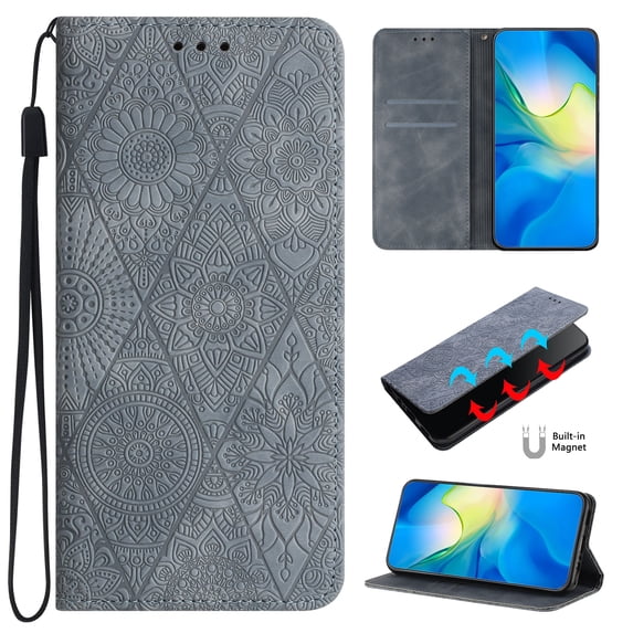 for iPhone 12 Pro/12 Wallet Case, PU Leather Protective Case Embossed Folio Magnetic Card Slots Holder Kickstand with Wrist Strap Shockproof Slim Flip Case for iPhone 12 Pro/12, Gray