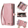 thumbnail image 1 of for iPhone 12 Pro / 12 Zipper Pocket Case with RFID Blocking Card Holder,Detachable Wallet Magnetic Multifunctional Phone Case Flip Kickstand PU Leather with Wrist Strap for Women/Men,Pink, 1 of 6
