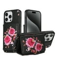 thumbnail image 1 of for iPhone 12 Pro / 12 6.1", Card Slots Back Case, 1 Shoulder Strap and 1 Lanyard, Floral Pattern PU Leather RFID Blocking Make-up Mirror Kickstand Magnetic Clasp Phone Cover for Women Girls, Black, 1 of 11