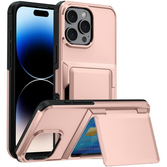 for iPhone 12 Pro / iPhone 12 6.1" Case with Card Holder & Kickstand, Military Grade Drop Protection, Heavy Duty Rugged Hard PC Outer Back & TPU Interior Shell Wallet Phone Case, Rosegold