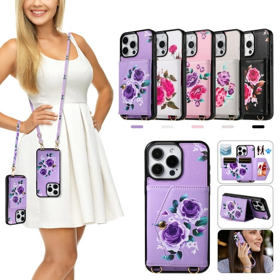 iPhone 12 Pro / 12 6.1" Case Wallet for Women Girls, Floral Case with Cards Holder & Makeup Mirror Hand Wrist Crossybody Shoulder Strap RFID Blocking Purse Case for Apple iPhone 12 Pro / 12,Purple