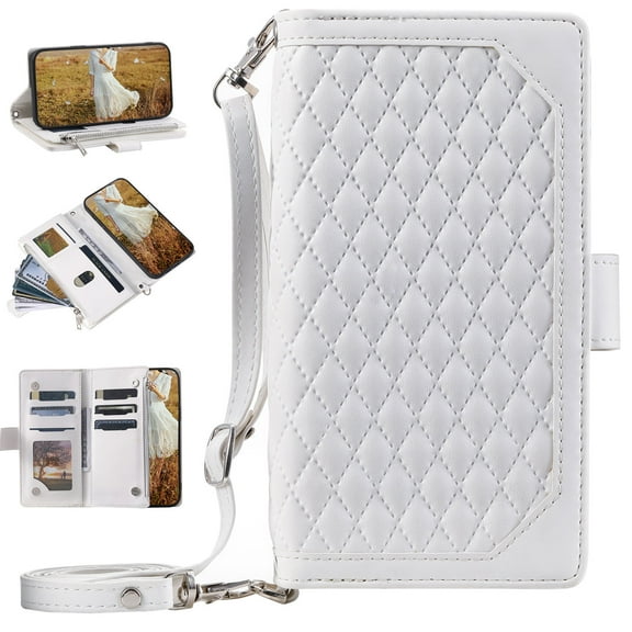 for iPhone 12 Pro / 12 6.1" Wallet Case,[Card Holders] [Zipper Pocket] Premium PU Leather with Cross Body Strap, Flip Kickstand Wallet Case with Wristband for iPhone 12 Pro / 12 6.1",White