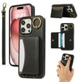 thumbnail image 1 of for iPhone 12 Pro / iPhone 12 6.1" Wallet Case with Card Slots, Hand Wrist Strap Rotate Ring Design, Finger Grip Ring PU Leather Magnetic Button Shockproof Purse Phone Cover, Black, 1 of 7