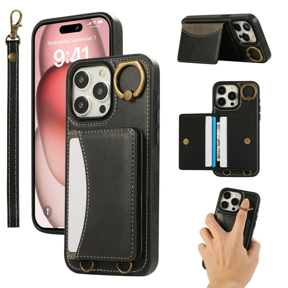 for iPhone 12 Pro / iPhone 12 6.1" Wallet Case with Card Slots, Hand Wrist Strap Rotate Ring Design, Finger Grip Ring PU Leather Magnetic Button Shockproof Purse Phone Cover, Black