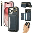 thumbnail image 1 of for iPhone 12 Pro / iPhone 12 6.1" Wallet Case with Card Slots, Hand Wrist Strap Rotate Ring Design, Finger Grip Ring PU Leather Magnetic Button Shockproof Purse Phone Cover, Blue, 1 of 7