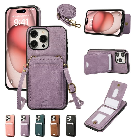 for iPhone 12 Pro / 12 6.1" Wallet Case with Shoulder Lanyard Strap, Crossbody Phone Case with Card Holder Slots for Women Girls, Luxury PU Leather Flip Stand Purse Cover Shockproof Case, Purple