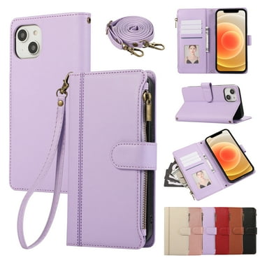 for iPhone 12 Pro / 12 6.1" Wallet case with Card Holder for Women Men,Phone case RFID Blocking PU Leather Flip Cover with Strap Zipper Credit Card Slots,Kickstand,With Wrist Strap,Purple