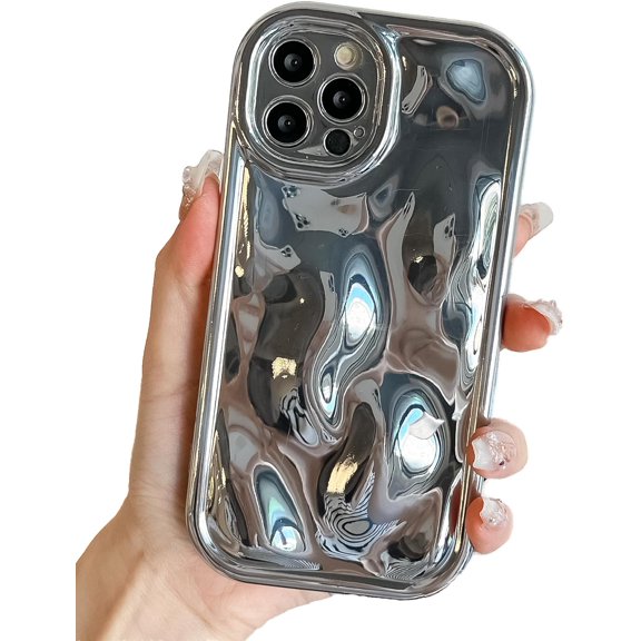 for iPhone 12 Pro Case, 3D Laser Water Ripple Pattern Wavy Shockproof Soft Phone Case, Cute Bling Curly Wave Shape Cover for Women Girls iPhone 12 Pro Case, Electroplate Silver
