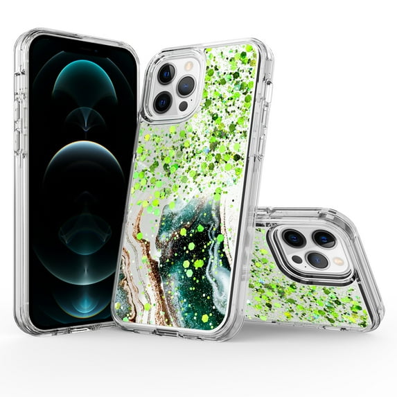 iPhone 12 Pro Case (6.1"), iPhone 12 Case, Rosebono Hybrid Bling Glitter Sparkle Epoxy Graphic Marble Colorful Silicone Skin Cover Armor Case for iPhone 12 Pro / iPhone 12 (Green)
