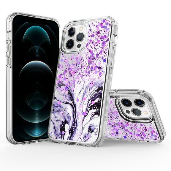 iPhone 12 Pro Case (6.1"), iPhone 12 Case, Rosebono Hybrid Bling Glitter Sparkle Epoxy Graphic Marble Colorful Silicone Skin Cover Armor Case for iPhone 12 Pro / iPhone 12 (Purple)