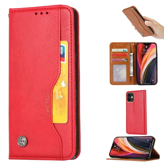 iPhone 12 Pro Case 6.1", iPhone 12 6.1" Case, Allytech Premium PU Leather Kickstand Feature Cards Pockets Full Protective Defender Book Style Wallet Case Cover for Apple iPhone 12 6.1", Red