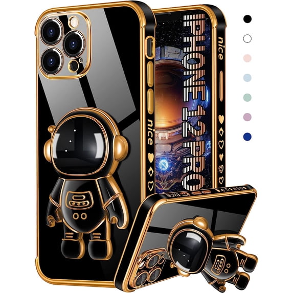 for iPhone 12 Pro Case Astronaut Cute for Women Girls Girly Unique Black Phone Cases with Astronaut Hidden Stand Kickstand 6D Design Cover for iPhone 12Pro 6.1 inch
