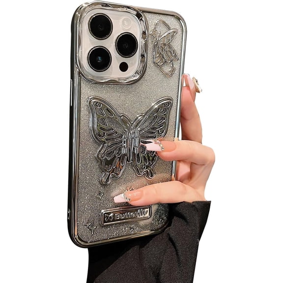 for iPhone 12 Pro Case, [Deluxe Chrome Silver Butterfly Pattern][Shiny Plated Hidden 3D Butterfly][Premium Fashion Creative Case] Soft TPU Shockproof and Drop Resistant for Women and Girls 6.1
