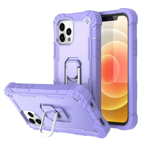 iPhone 12 Pro Case, iPhone 12 Case, Dteck 2 in 1 Hybrid Rugged Shockproof Case with Ring Holder Kickstand Silicone Cover for iPhone 12 / 12 Pro 6.1-inch,Purple